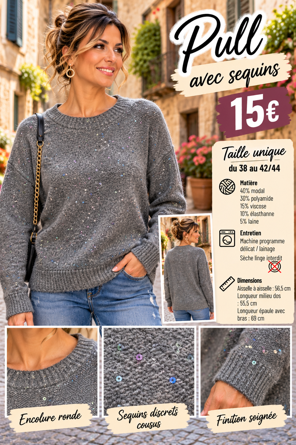 219 Pull en maille douce à sequins discrets – Col rond Coloris GRIS FONCER