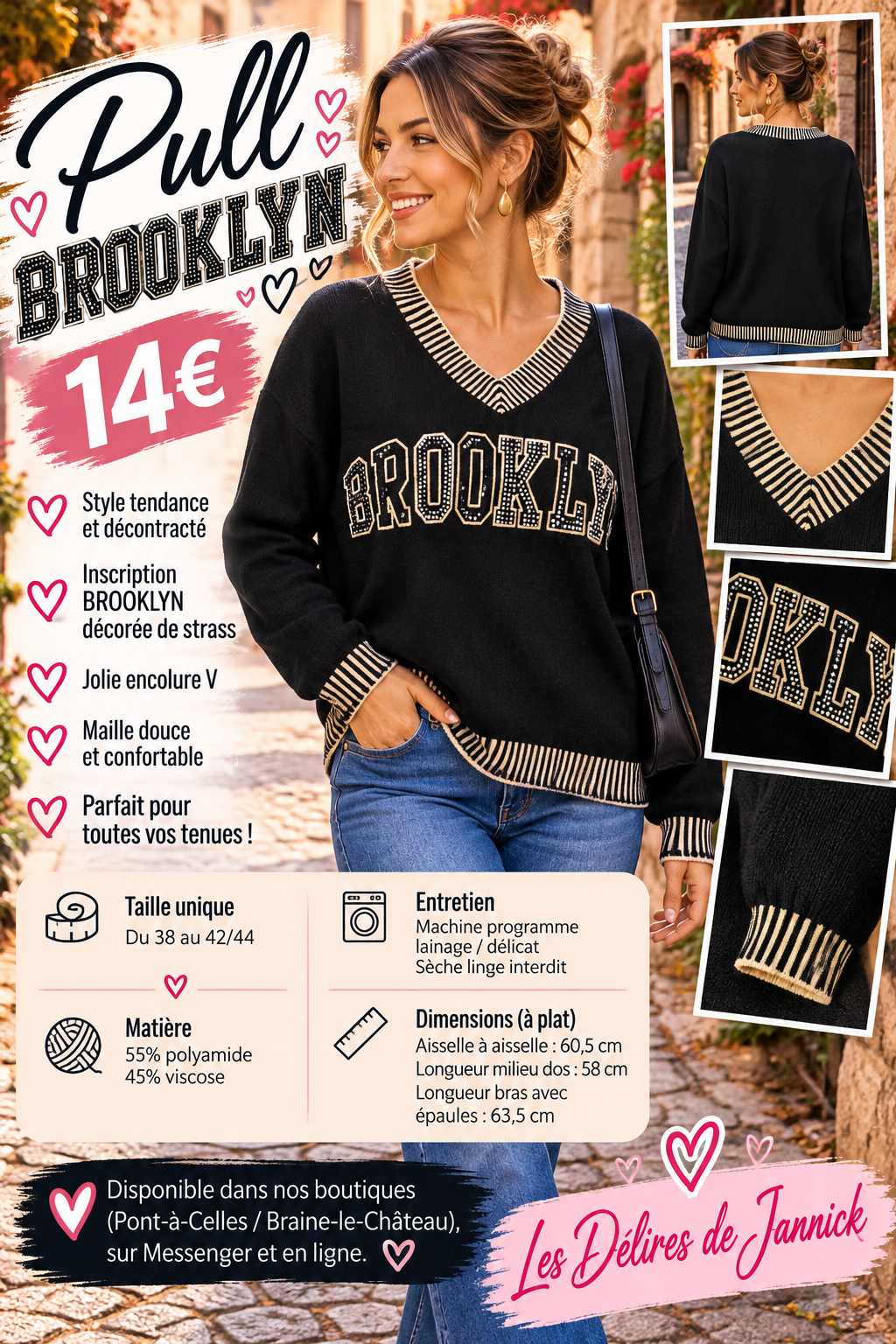 201 🌸 PULL BROOKLYN – ENCOLURE V &STRASS 🌸Coloris NOIR