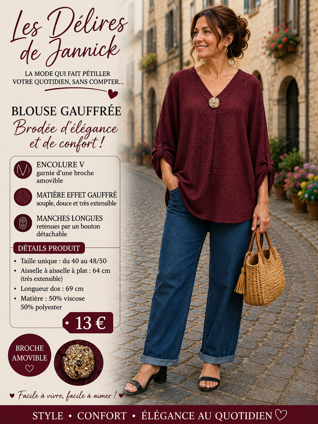 *46 ✨ BLOUSE bordeau EFFET GAUFRÉ – ÉLÉGANTE & ULTRA CONFORTABLE ✨