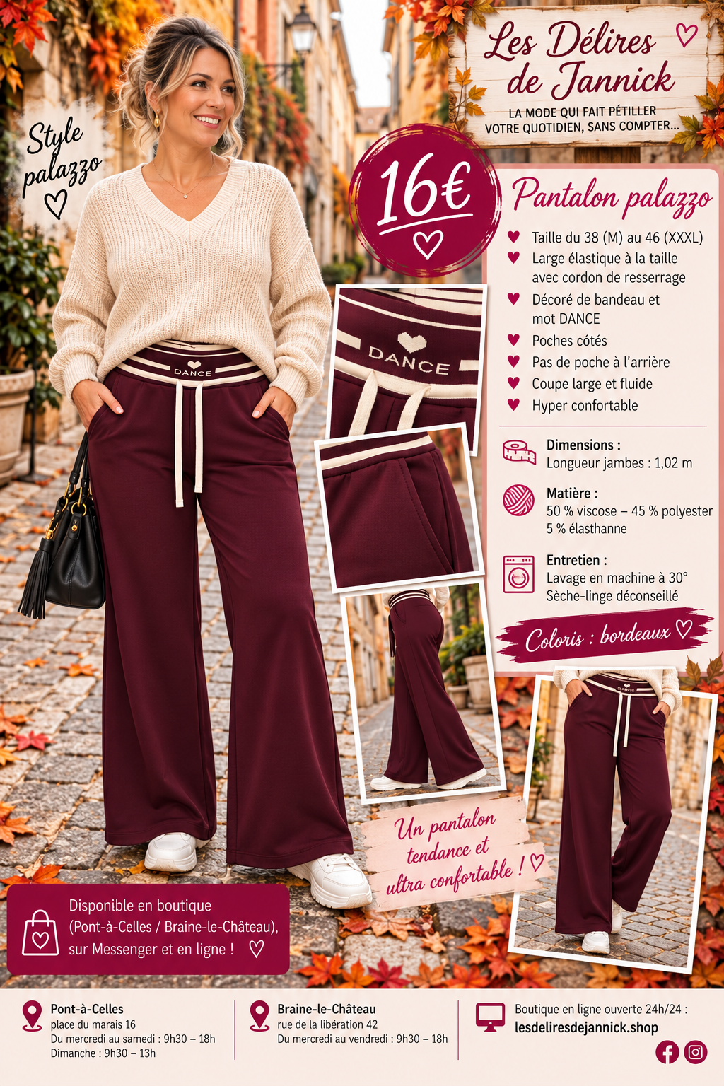 191 🌸 Pantalon Palazzo – Confort & Style 🌸Coloris fond BORDEAU