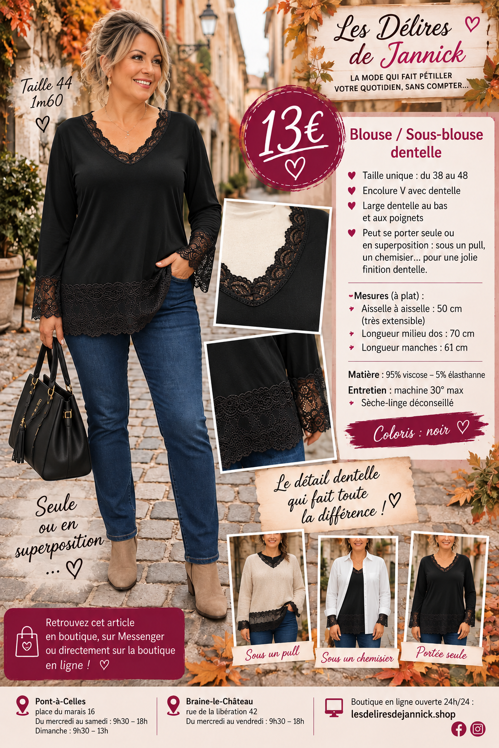 178 🌸 Blouse / Sous-blouse dentelle 🌸Coloris NOIR