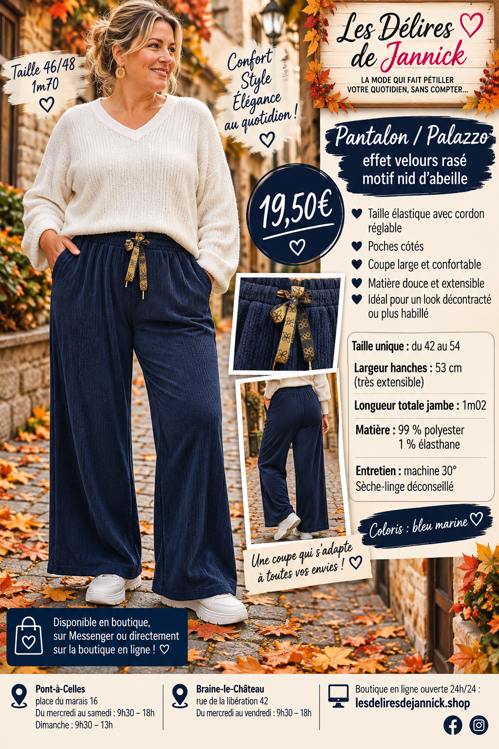 129 PANTALON / PALAZZO EFFET VELOURS RASÉ – ULTRA CONFORTABLE Coloris MARINE