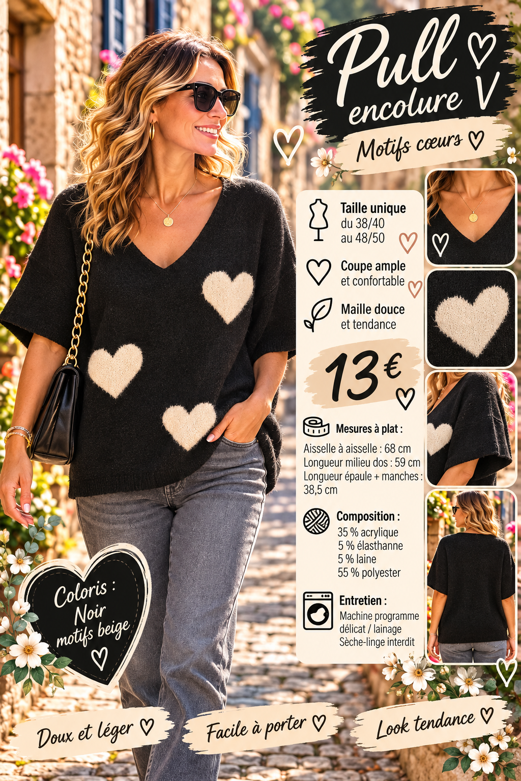 164 🌸 PULL OVERSIZE À CŒURS – DOUCEUR / FÉMINITÉ 🌸🤎 Coloris : noir, motifs et bordure beige