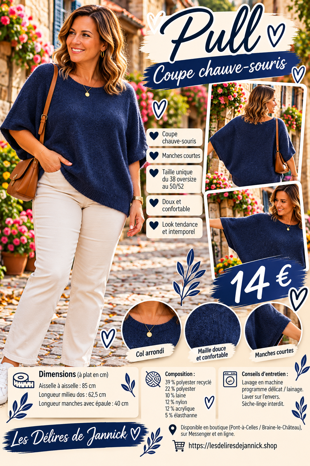 197 🌸 Pull doux à manches courtes – Coupe chauve-souris 🌸Coloris MARINE