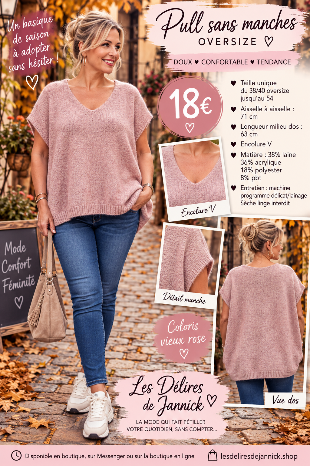 128🌸 NOUVEAUTÉ – PULL SANS MANCHES OVERSIZE 🌸Coloris ROSE