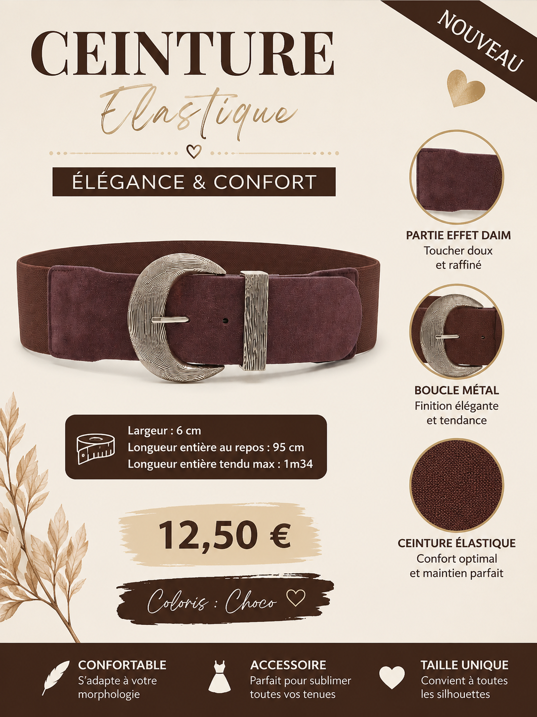 ✨ CEINTURE ÉLASTIQUE CHOCO – ÉLÉGANCE & CONFORT ✨