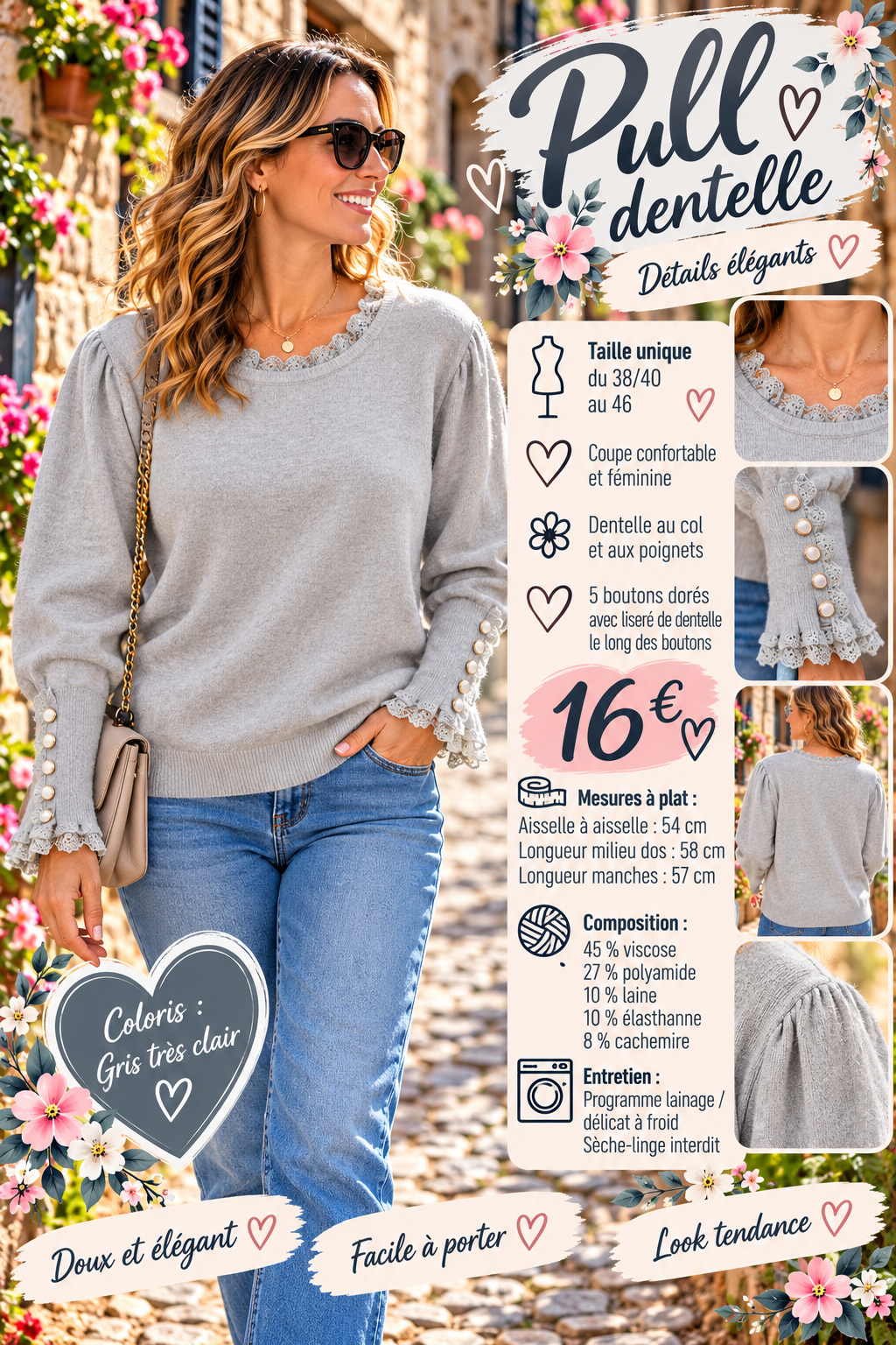 166 🌸🤎 PULL DENTELLE – FÉMININ & ÉLÉGANT 🤎🌸Coloris GRIS CLAIR