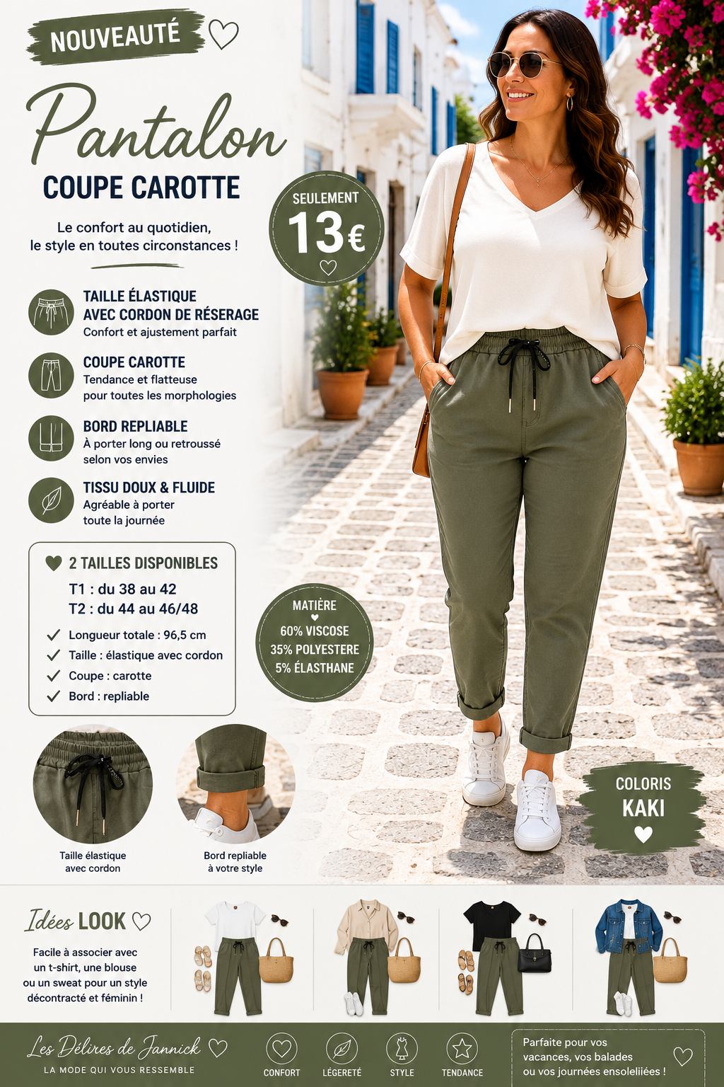 *30 ✨ PANTALON COUPE CAROTTE – COLORIS KAKI ✨