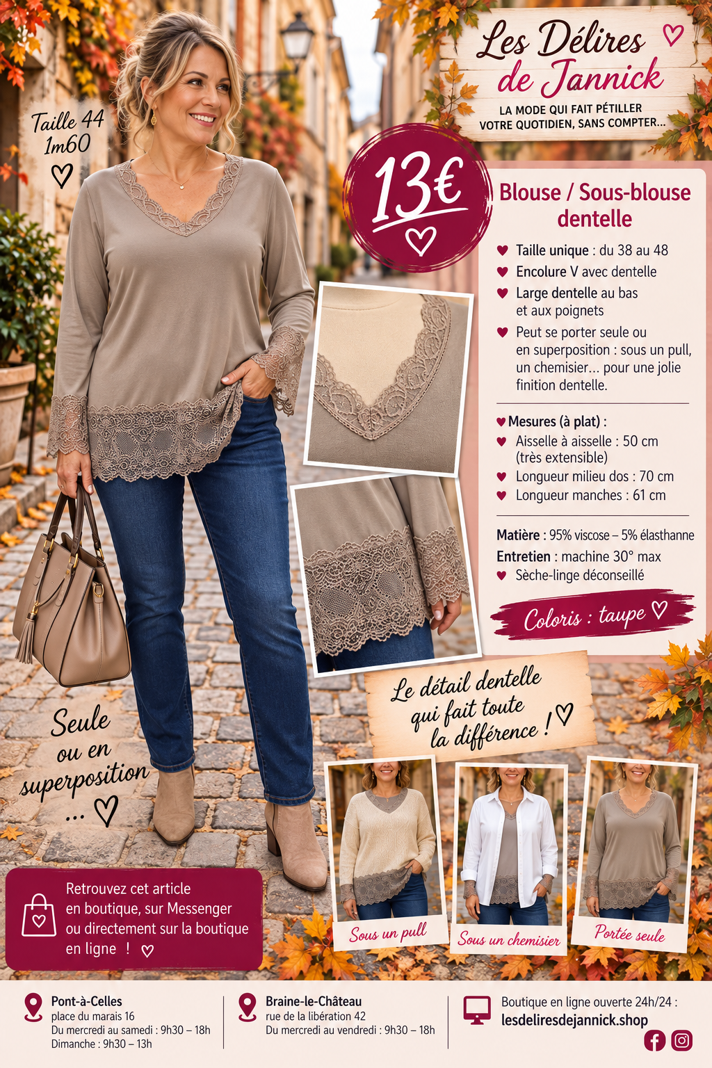 130 BLOUSE / SOUS-BLOUSE DENTELLE – L’ÉLÉGANCE JUSQU’AU MOINDRE DÉTAIL 🤍Coloris TAUPE