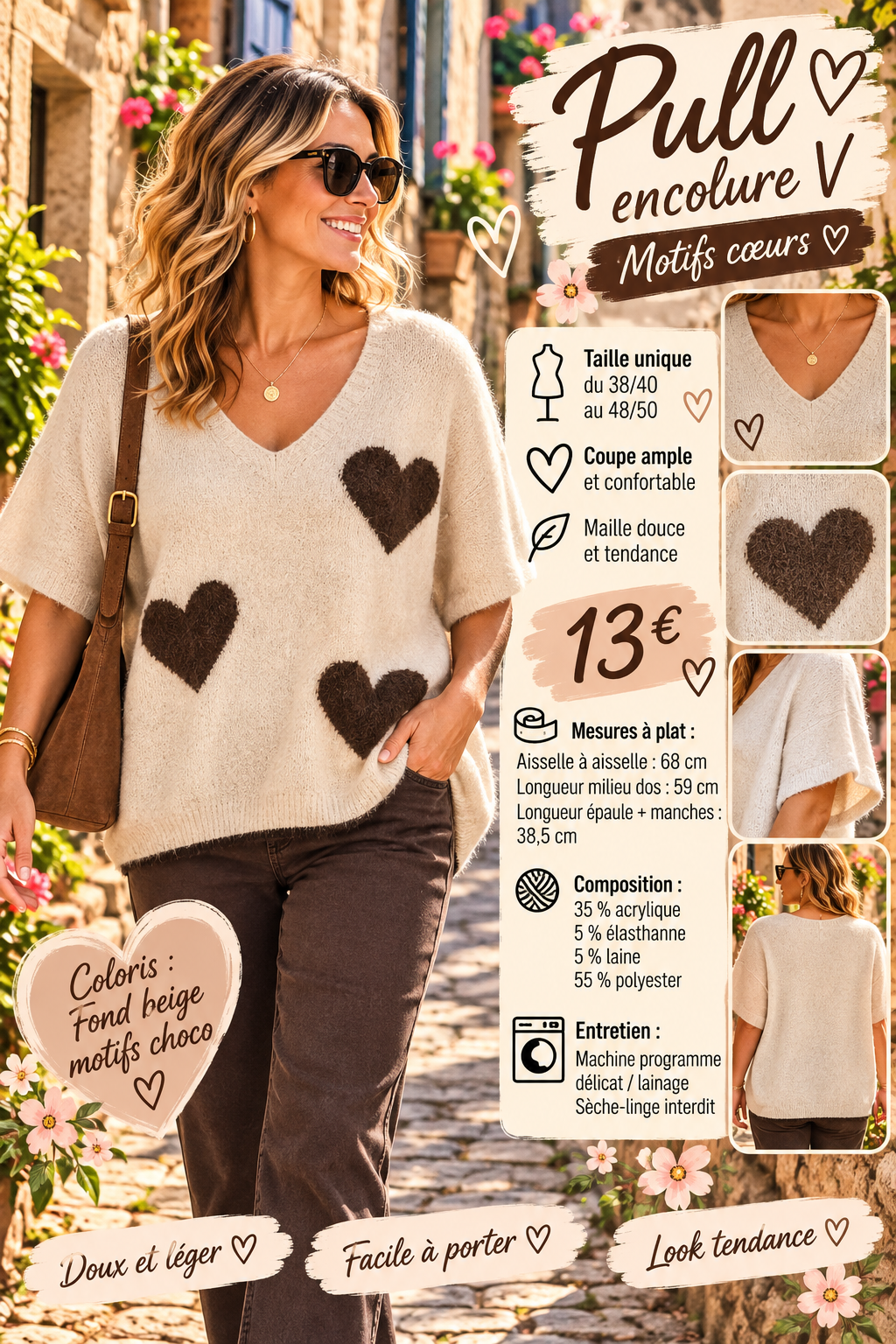 164 🌸 PULL OVERSIZE À CŒURS – DOUCEUR & FÉMINITÉ 🌸🤎 Coloris : beige , motifs et bordure choco