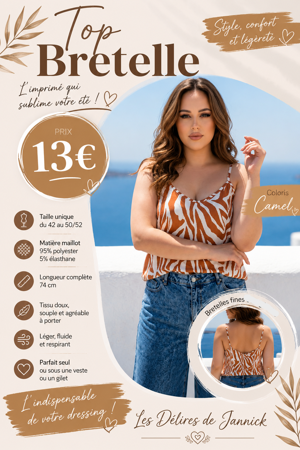 ✨ Top à bretelles – Coloris Camel 🤎