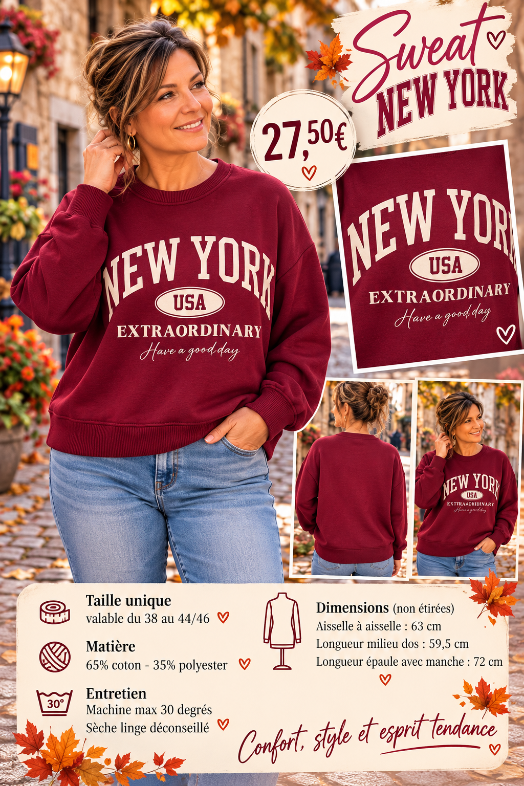 168 🌸 SWEAT NEW YORK – STYLE CASUAL & TENDANCE ❤️✨Coloris BORDEAU