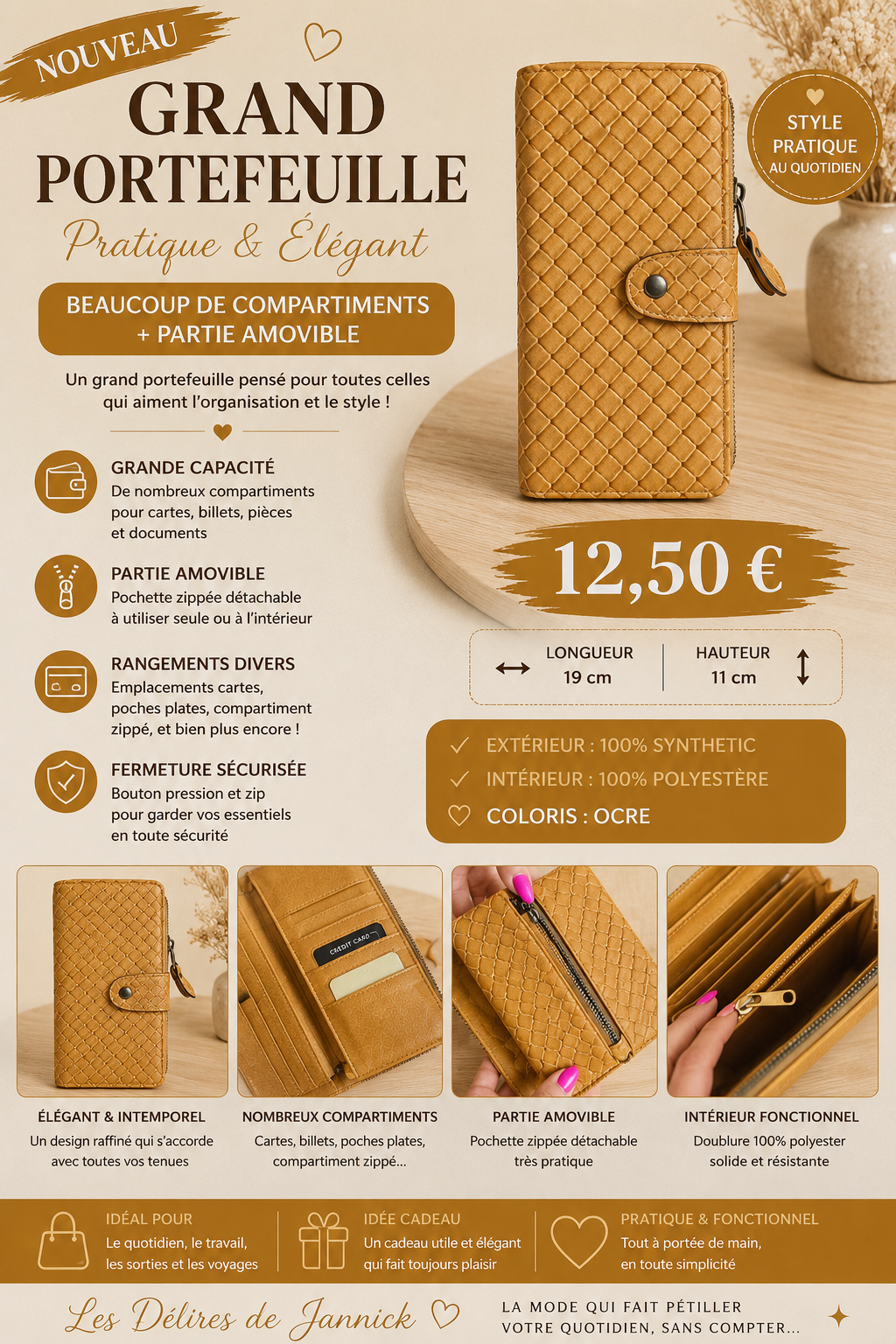 🤎 Grand portefeuille – Coloris ocre