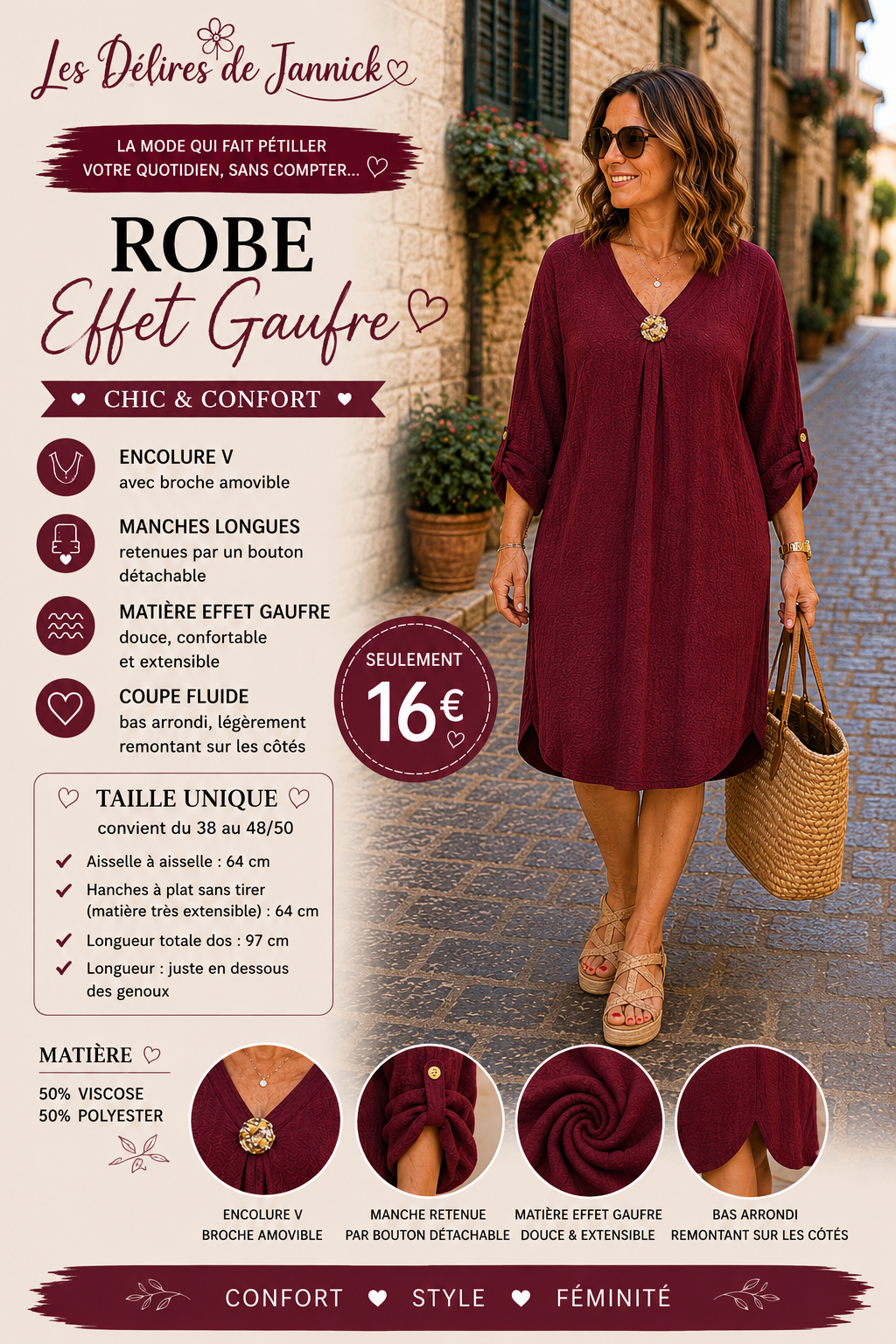 *54 🤎 Robe effet gaufré – Coloris Bordeau 🤎