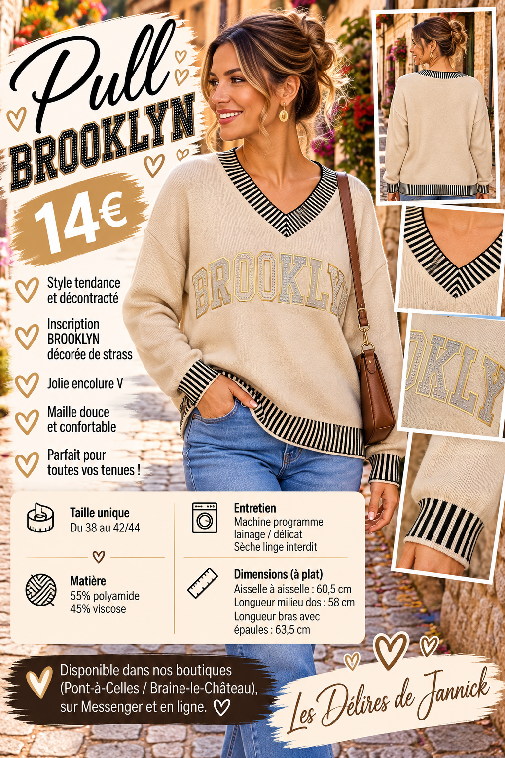 201 🌸 PULL BROOKLYN – ENCOLURE V & STRASS 🌸Coloris BEIGE