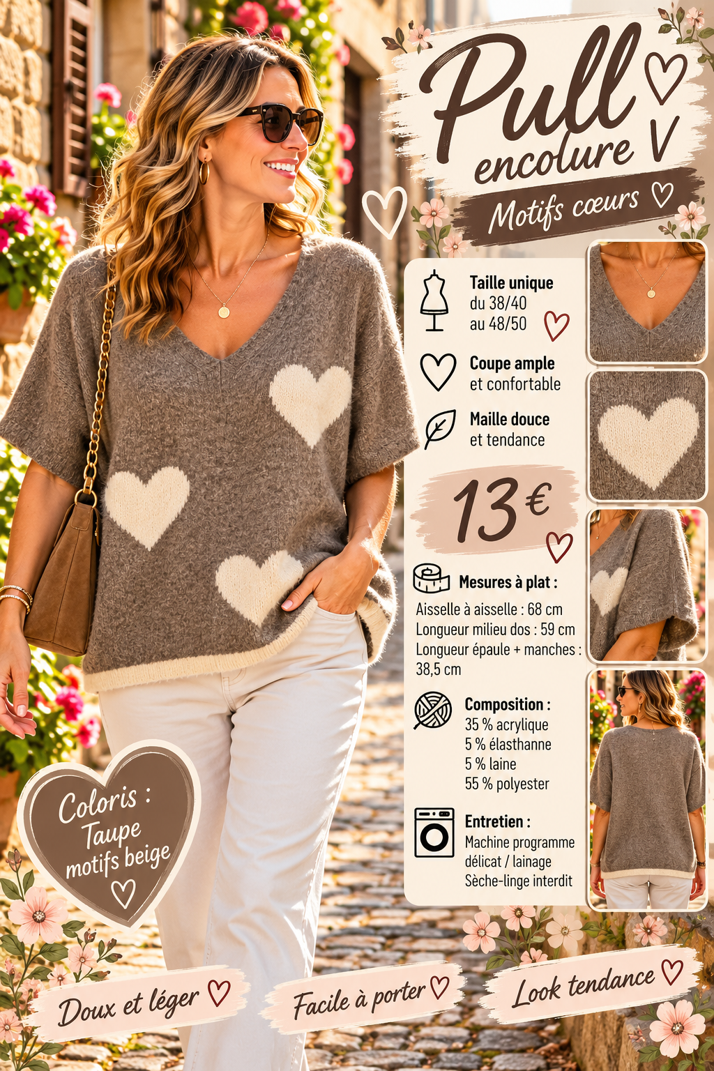 164 🌸 PULL OVERSIZE À CŒURS – DOUCEUR & FÉMINITÉ 🌸🤎 Coloris : Taupe, motifs et bordure beige