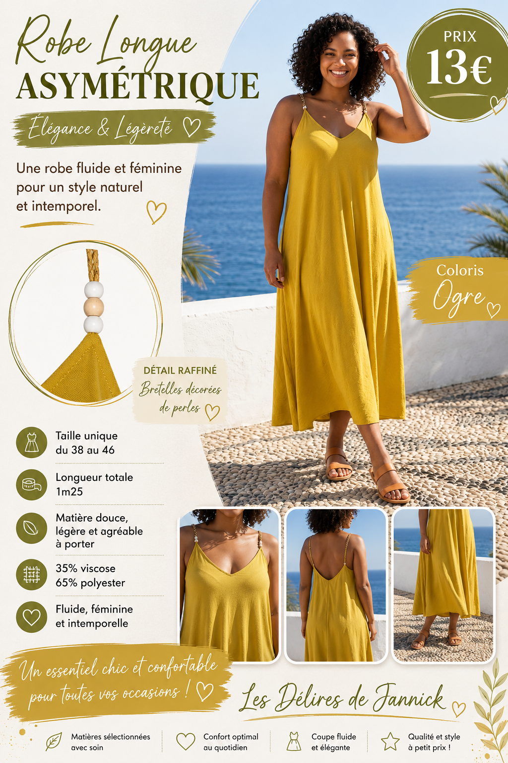 🌼 Robe longue asymétrique – Coloris Ocre
