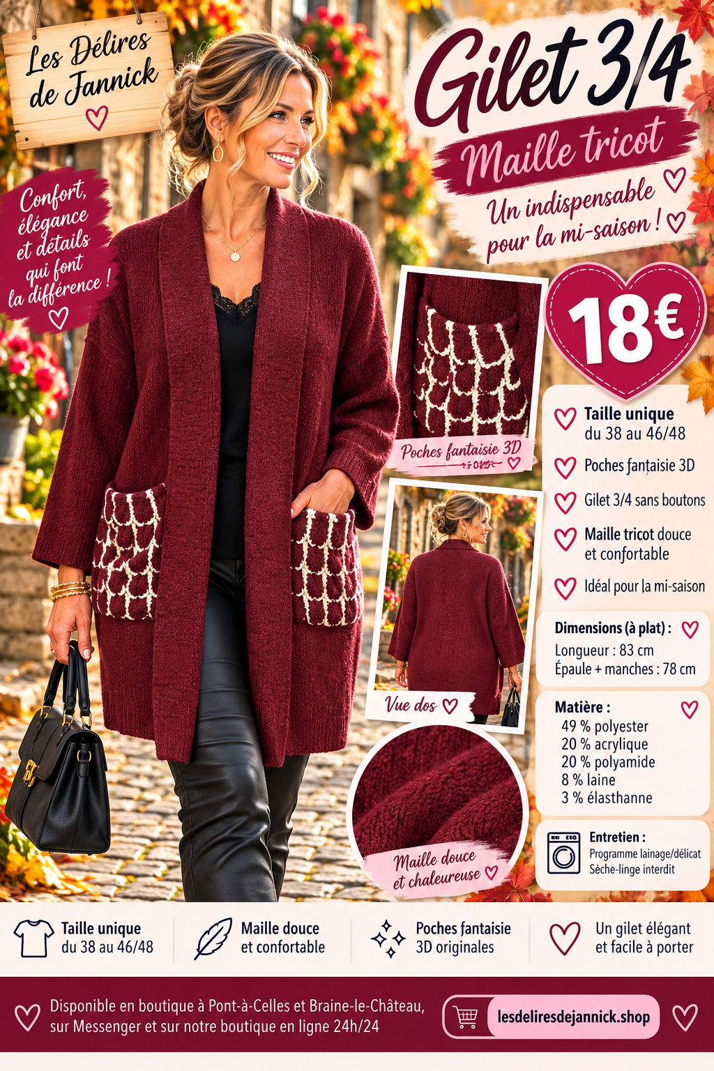 215 🌸 Gilet long 3/4 en maille tricot – Poches fantaisie 3D 🌸Coloris BORDEAU