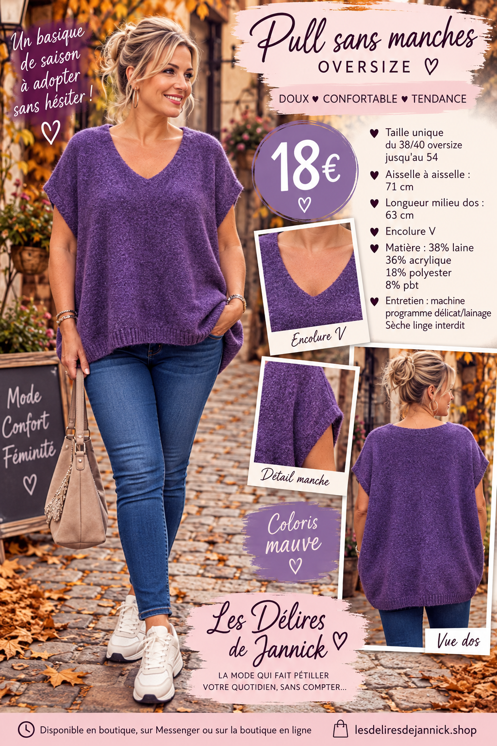 128 🌸 NOUVEAUTÉ – PULL SANS MANCHES OVERSIZE 🌸 Coloris MAUVE