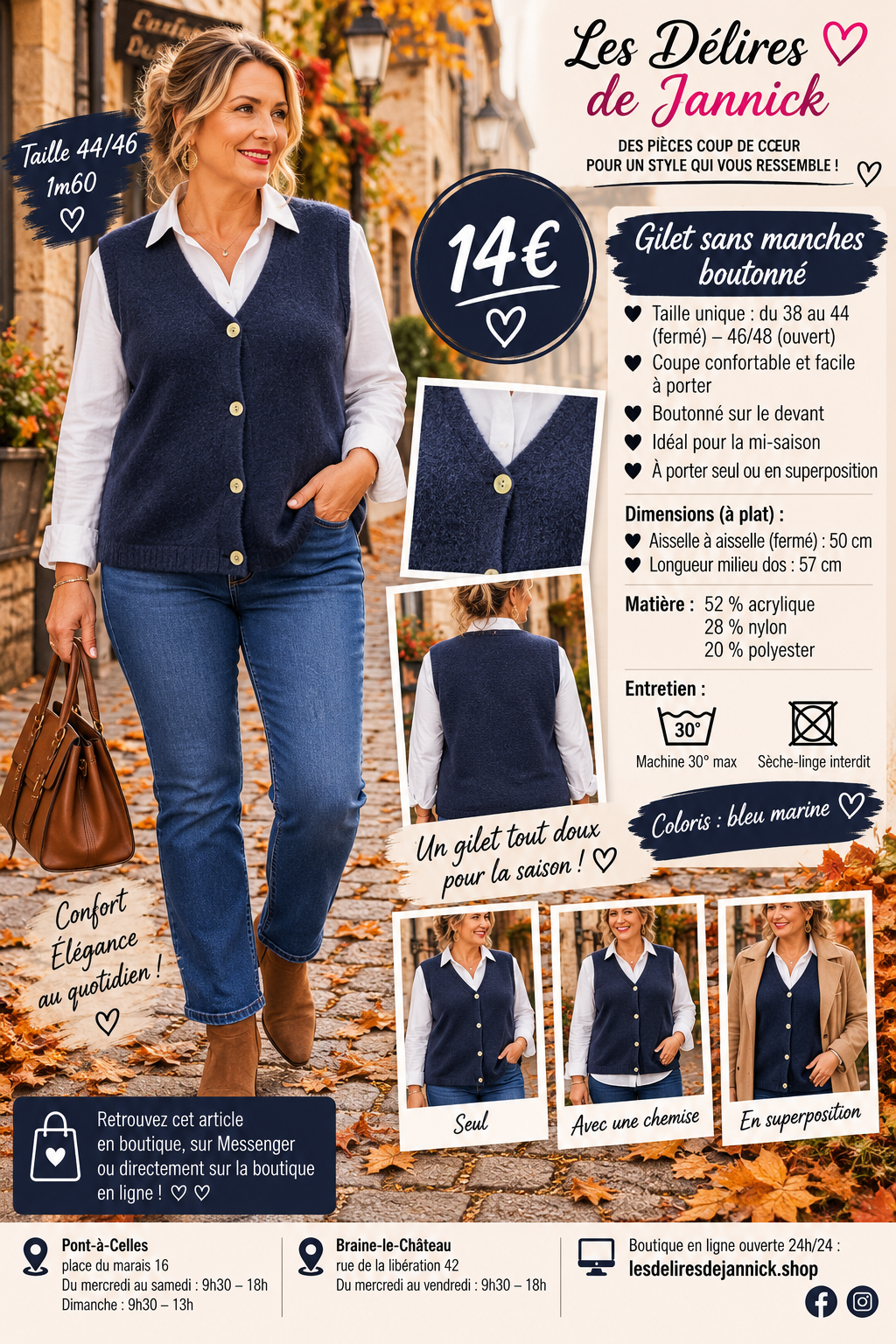 131 GILET SANS MANCHES BOUTONNÉ – LE PETIT INDISPENSABLE À SUPERPOSER 🤎Coloris MARINE