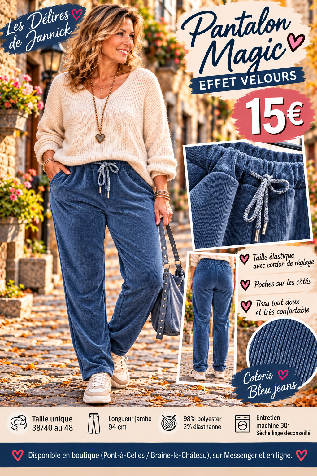 212 ❤️ Pantalon Magic effet velours – Confort & douceur ❤️Coloris BLEUJEANS