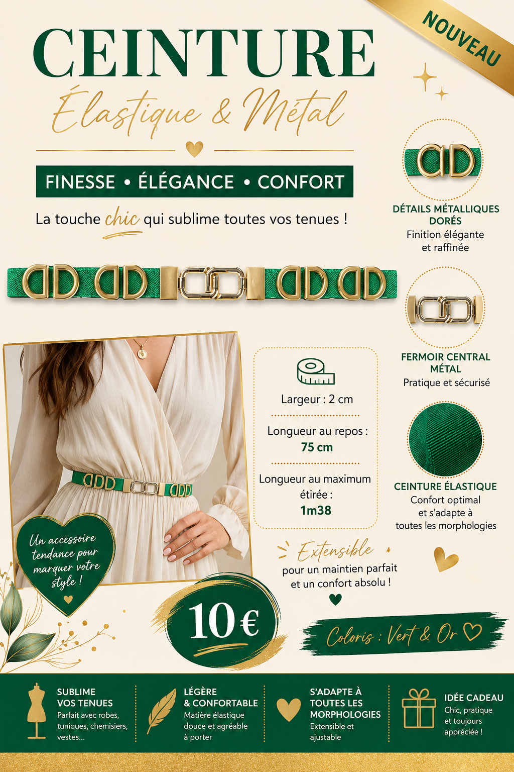 ✨ Ceinture Élastique Vert Or – Fine, Chic et Tendance