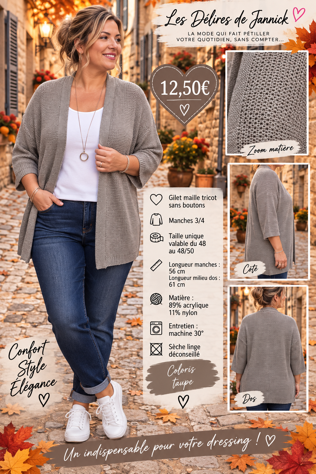 134 🌸 NOUVEAUTÉ – GILET MAILLE TRICOT 🌸Coloris TAUPE