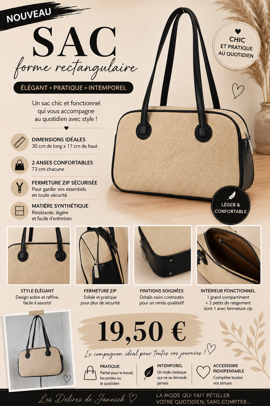👜✨ SAC RECTANGULAIRE Beige/noir – ÉLÉGANT & PRATIQUE ✨👜
