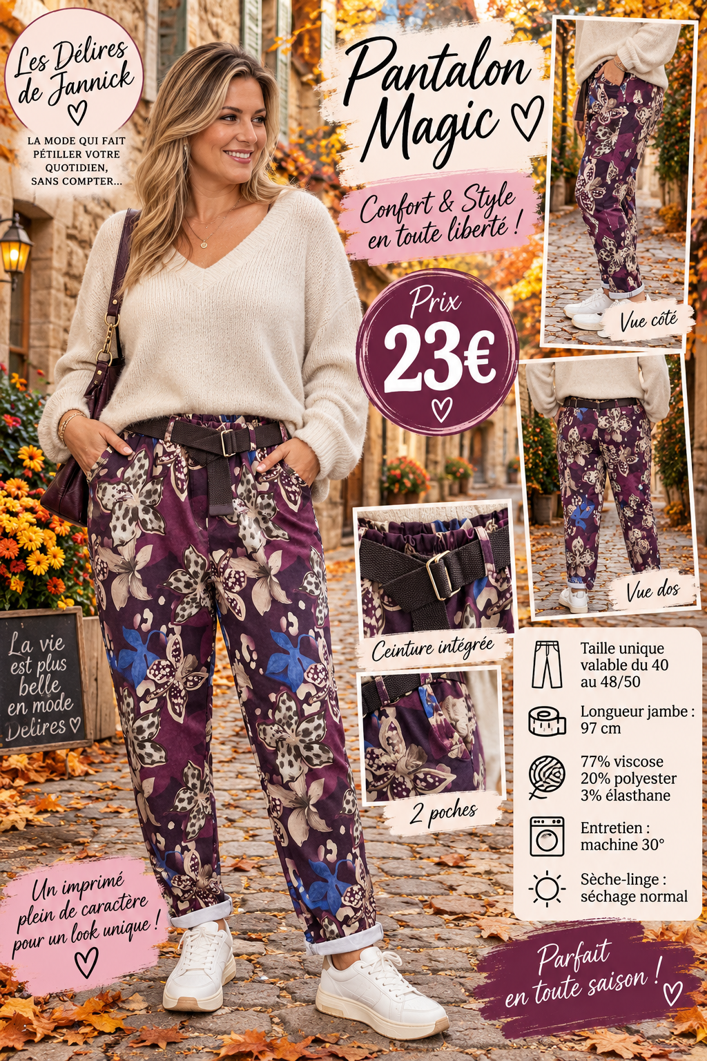 *74 🍂 PANTALON MAGIC IMPRIMÉ FLEURI 🍂 Colori bordeau
