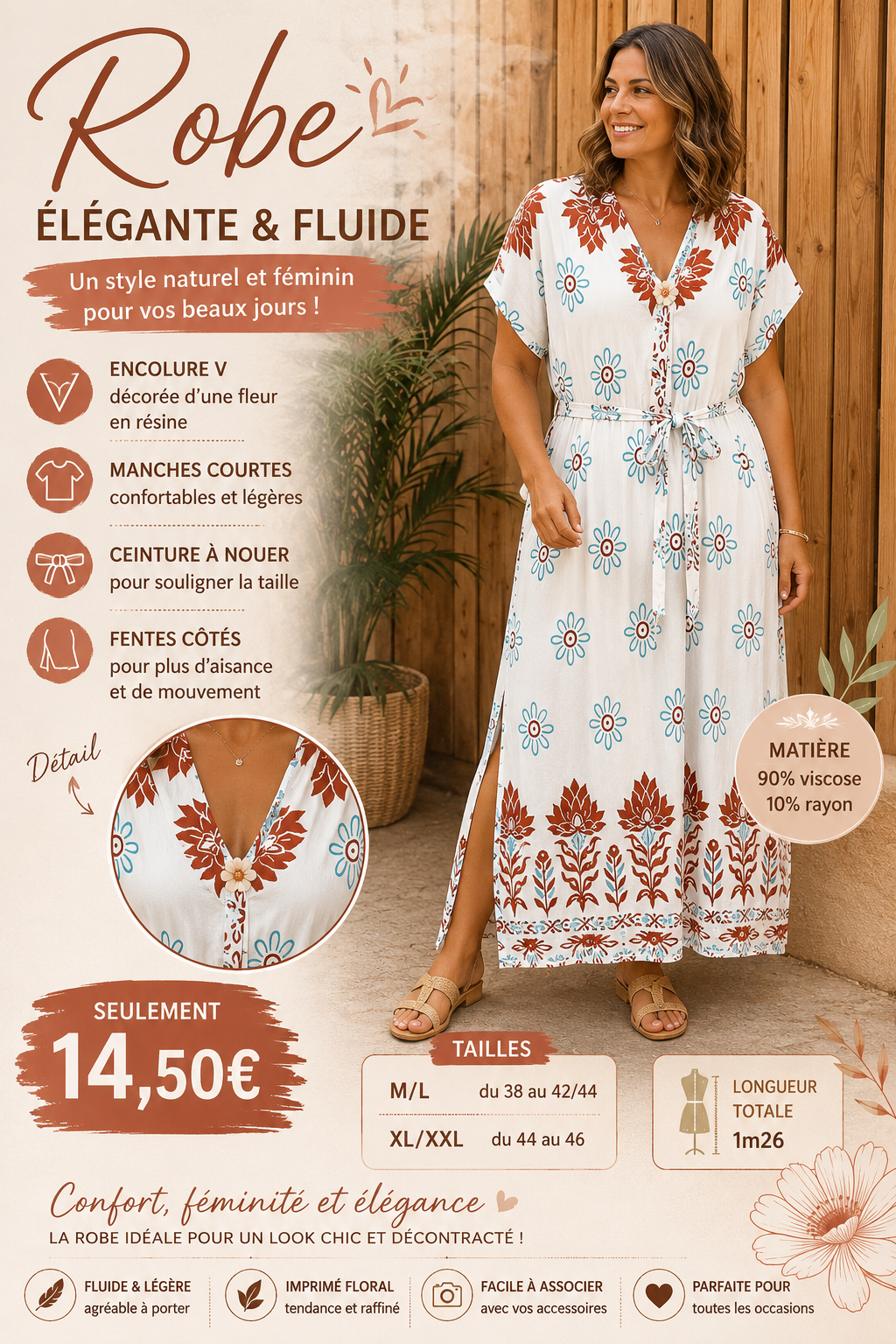 *37 ✨ Robe beige/bordeau longue imprimée – Élégante & féminine ✨
