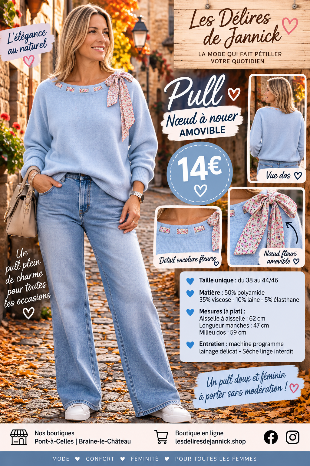 *115 🌸 PULL DOUX & FÉMININ – LE DÉTAIL FLEURI QUI FAIT CRAQUER ! 🌸Coloris BLEU