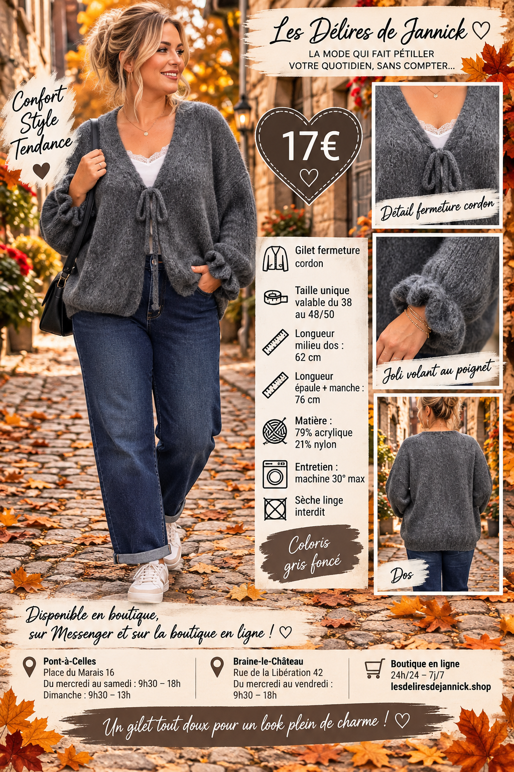 135 🌸 NOUVEAUTÉ – GILET GROSSE MAILLE À NOUER 🌸Coloris GRIS FONCER