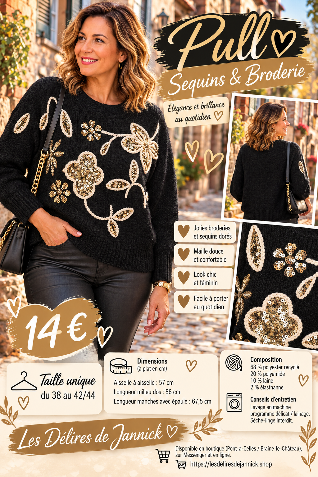202 🌸 Pull en maille douce – Broderies fleuries &sequins 🌸Coloris NOIR