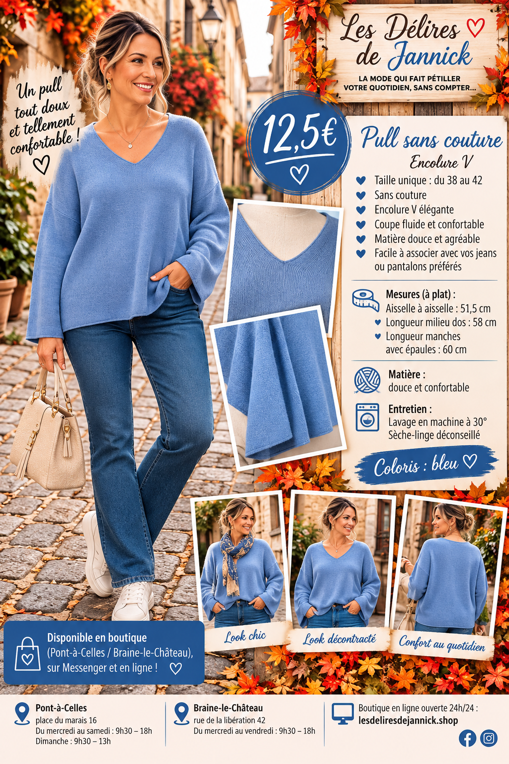 181 🌸 Pull sans couture – Encolure V 🌸Coloris BLEU