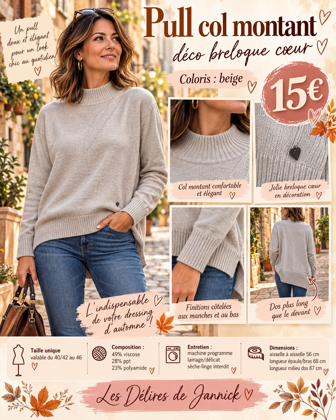 218 🌸 Pull col montant – Élégance et douceur 🌸Coloris BEIGE