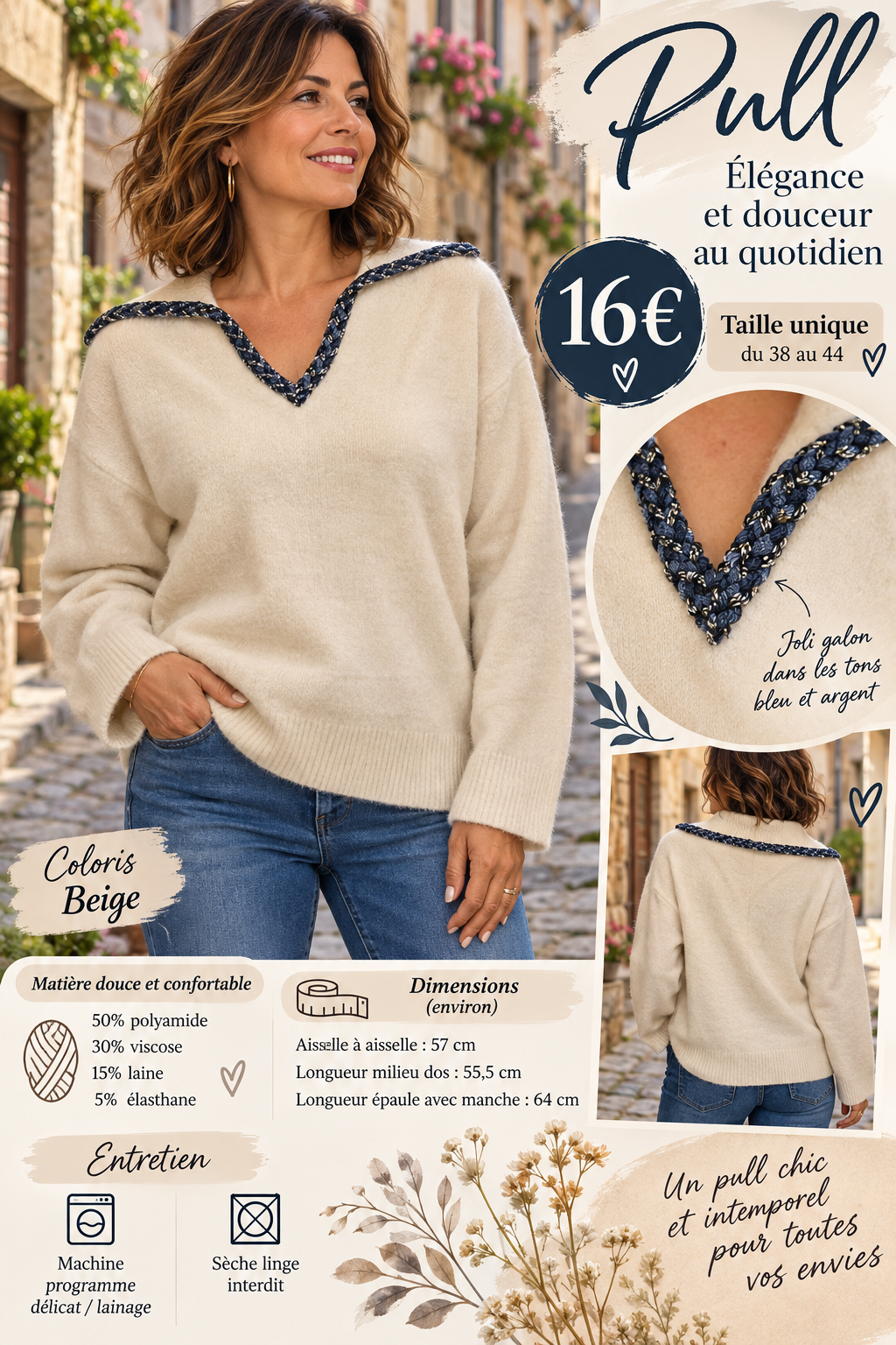 171 🌸 PULL DOUX – DÉTAIL GALON BLEU & ARGENT 🌸Coloris BEIGE