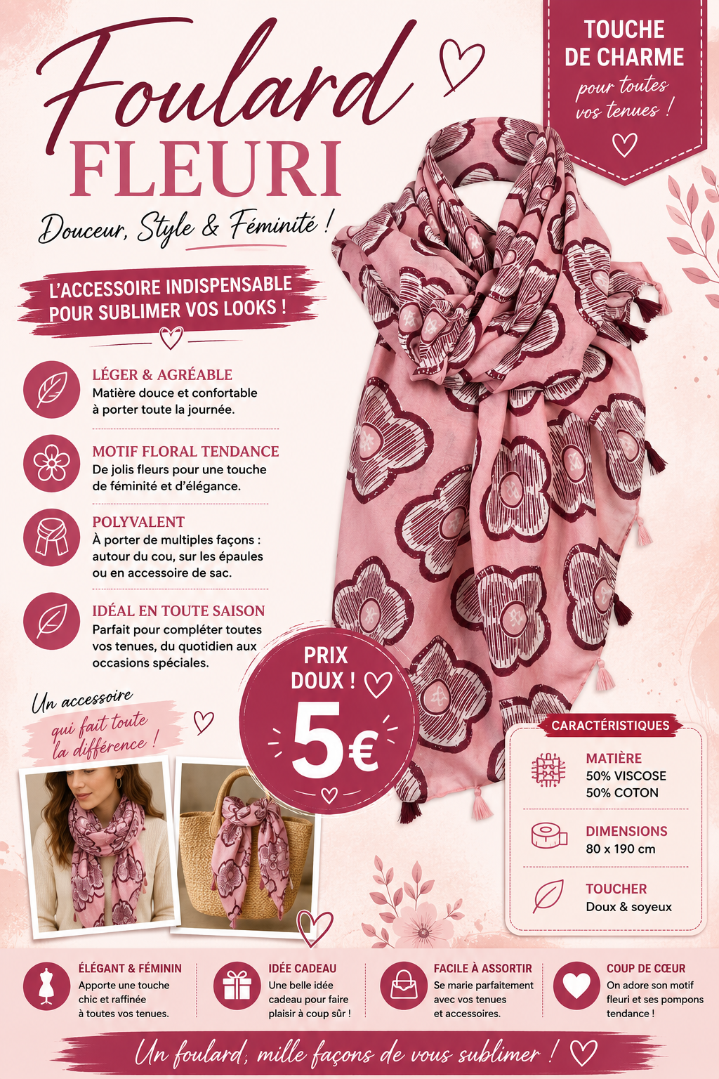 🌸 Foulard Fleuri Rose – Douceur & Élégance