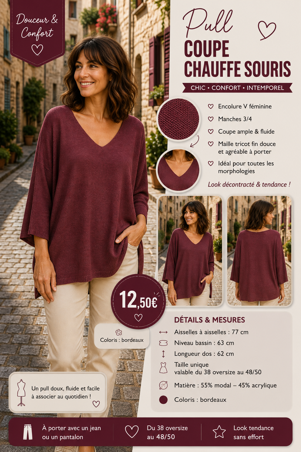 *59 💚 Pull coupe chauve-souris – Coloris bordeau