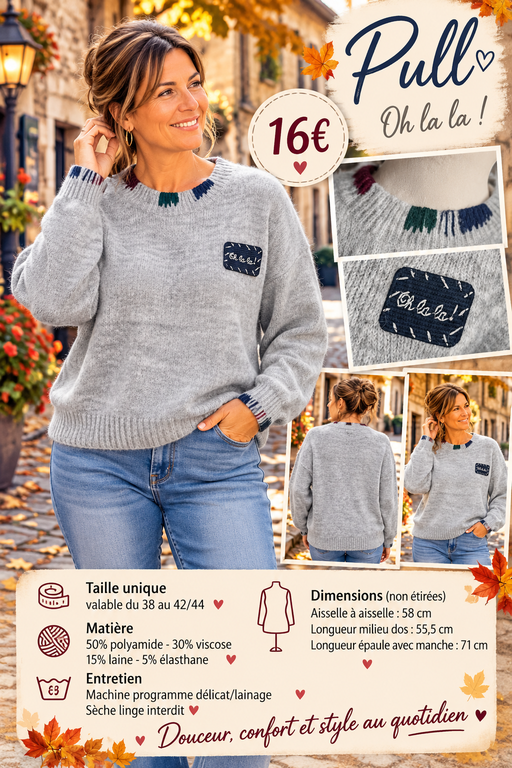169 🌸 PULL MAILLE – DÉTAILS BRODÉS 🌸Coloris GRIS