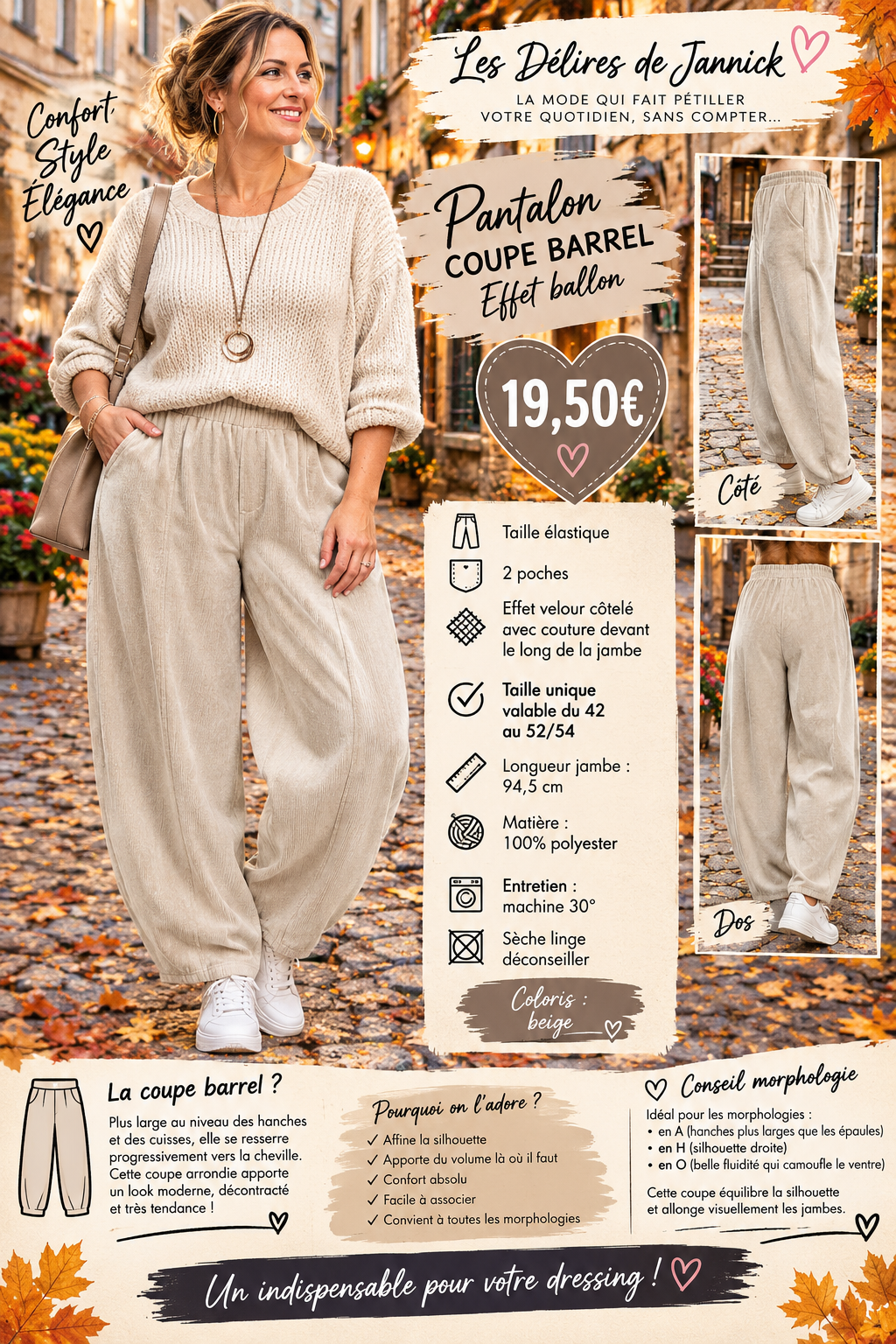 132 🌸 NOUVEAUTÉ – PANTALON COUPE BARREL / BALLON 🌸Coloris BEIGE