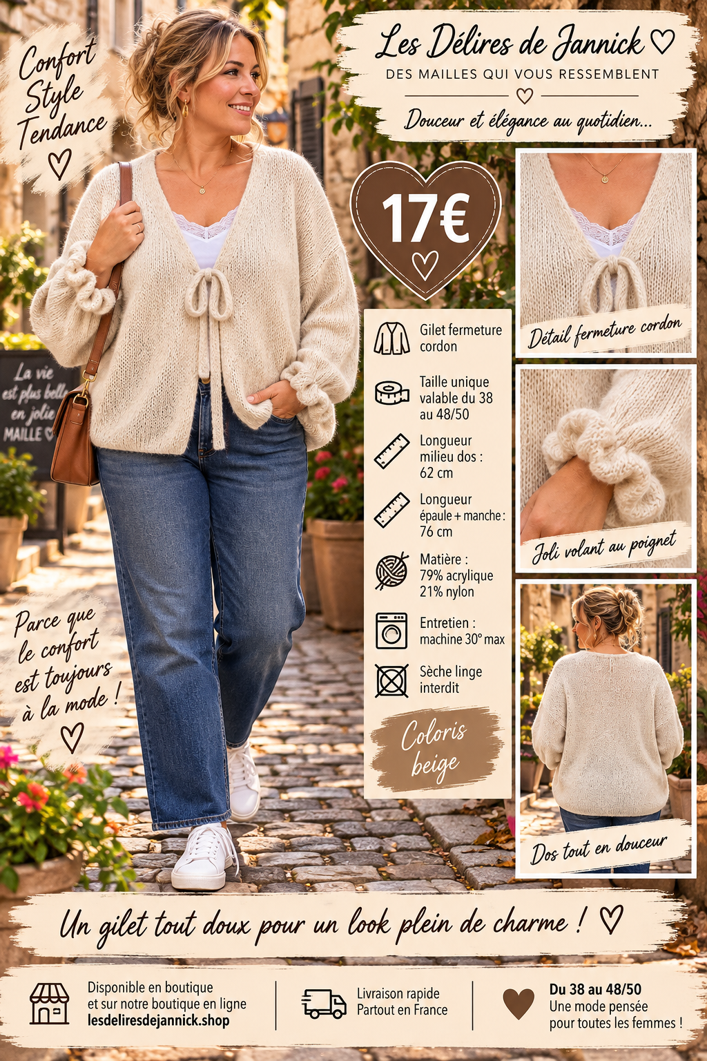 135 🌸 NOUVEAUTÉ – GILET GROSSE MAILLE À NOUER 🌸Coloris BEIGE