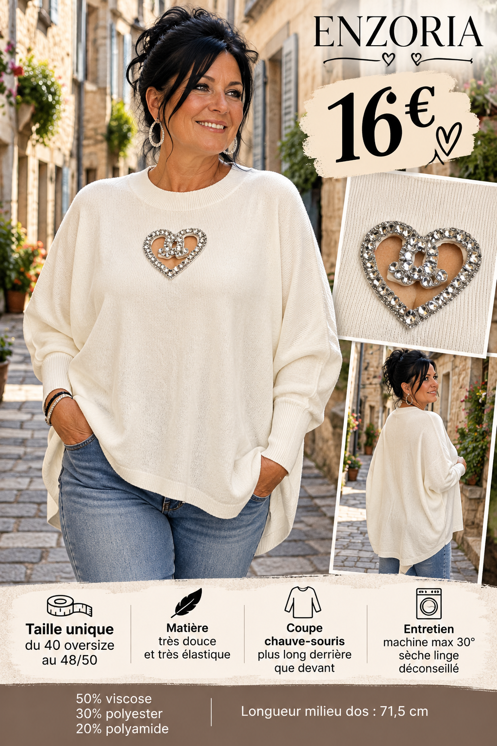 220 Pull chauve-souris ENZORIA – Cœur strass ajouré Coloris BLANC CASSER