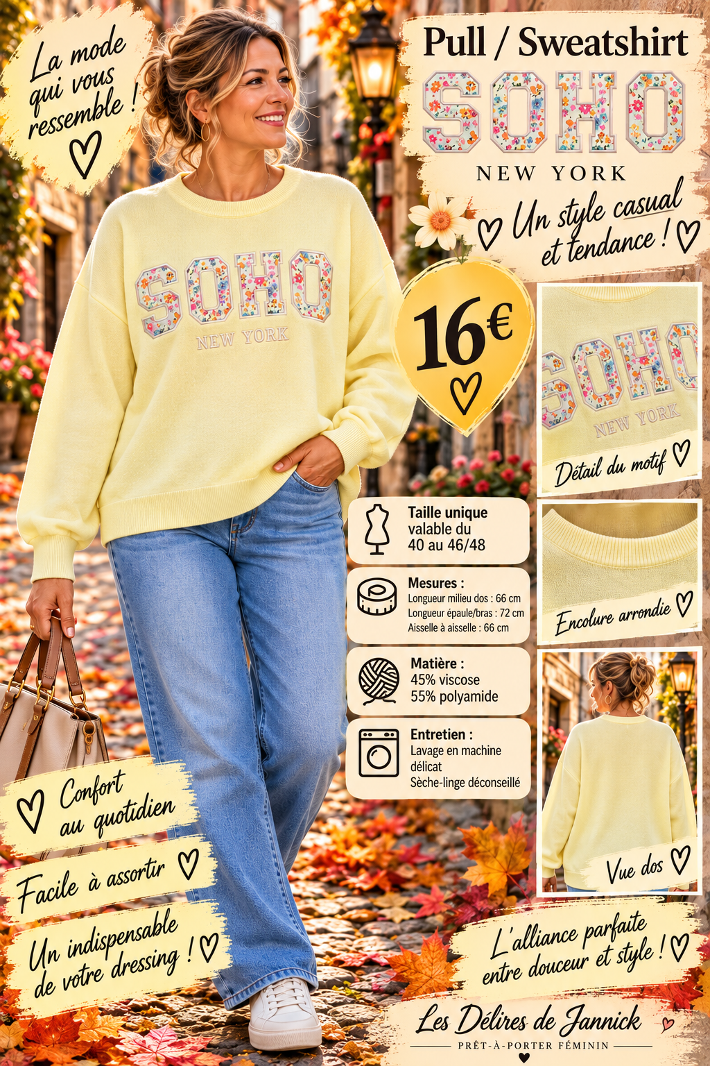 *94 🌸 PULL / SWEATSHIRT SOHO – NEW YORK JAUNE 🌸