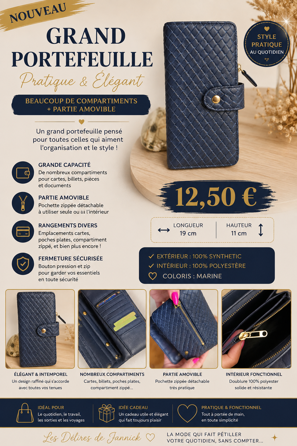 🤎 Grand portefeuille – Coloris marine