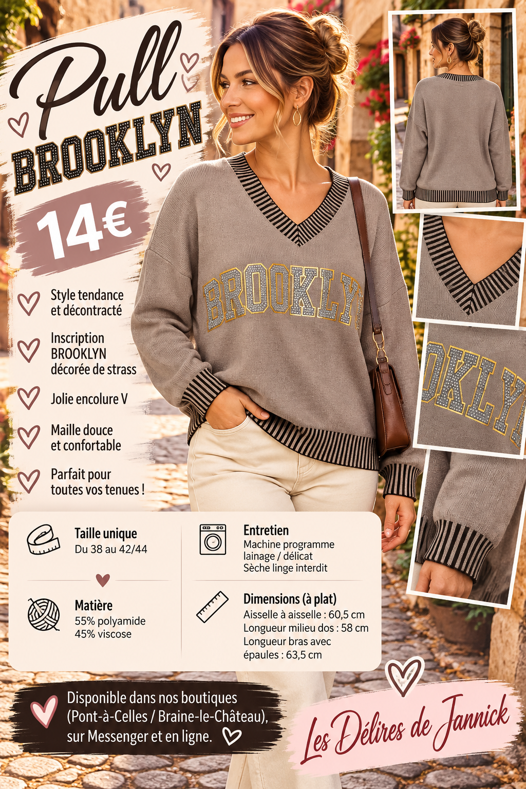 201 🌸 PULL BROOKLYN – ENCOLURE V &STRASS 🌸Coloris TAUPE