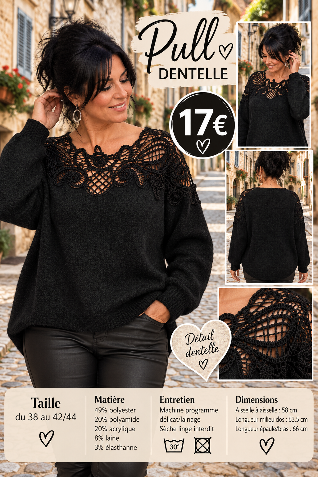 221 ❤️ PULL EN MAILLE DOUCE AVEC DENTELLE – ÉLÉGANCE & FÉMINITÉ ❤️Coloris NOIR