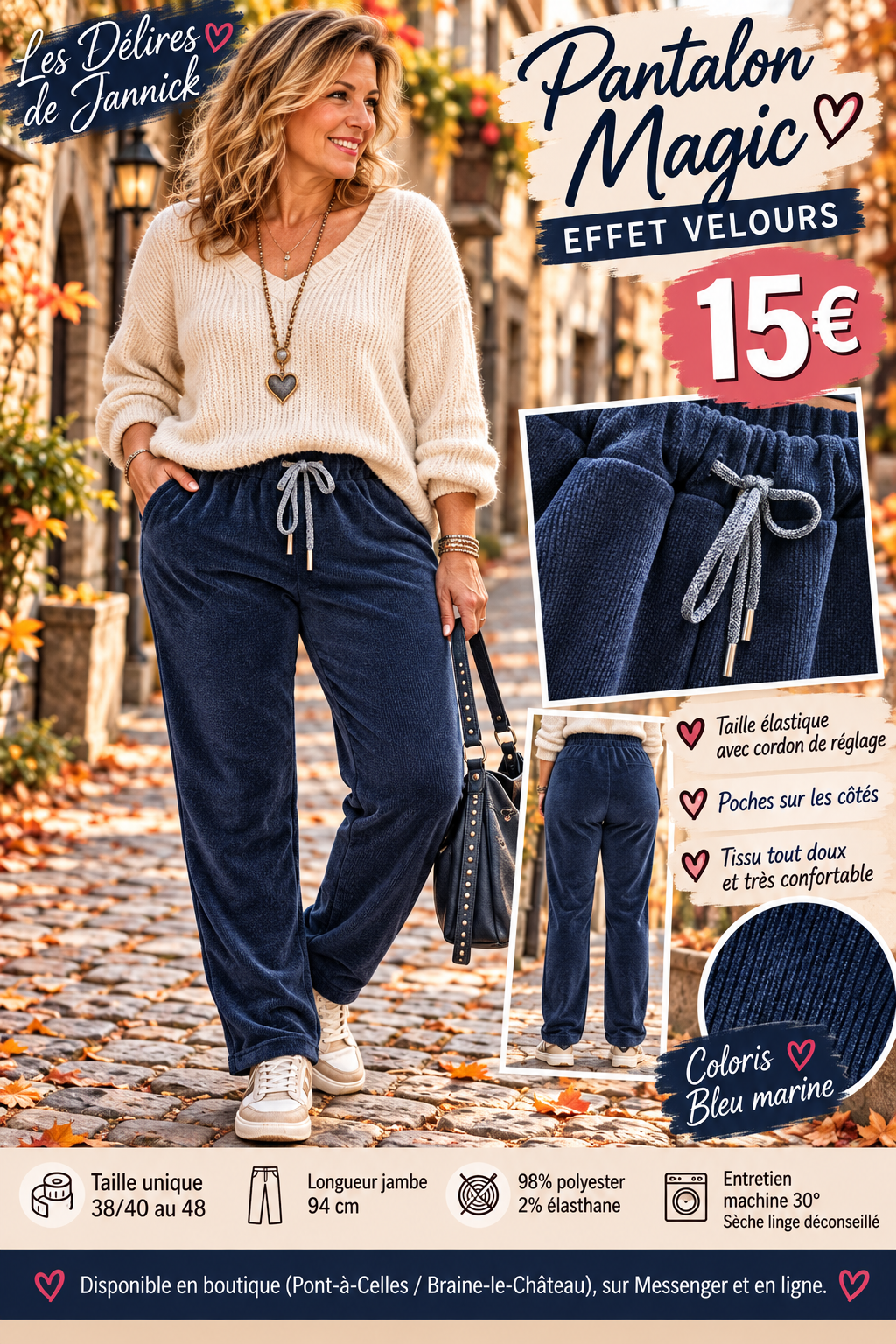 212 ❤️ Pantalon Magic effet velours – Confort & douceur ❤️Coloris MARINE