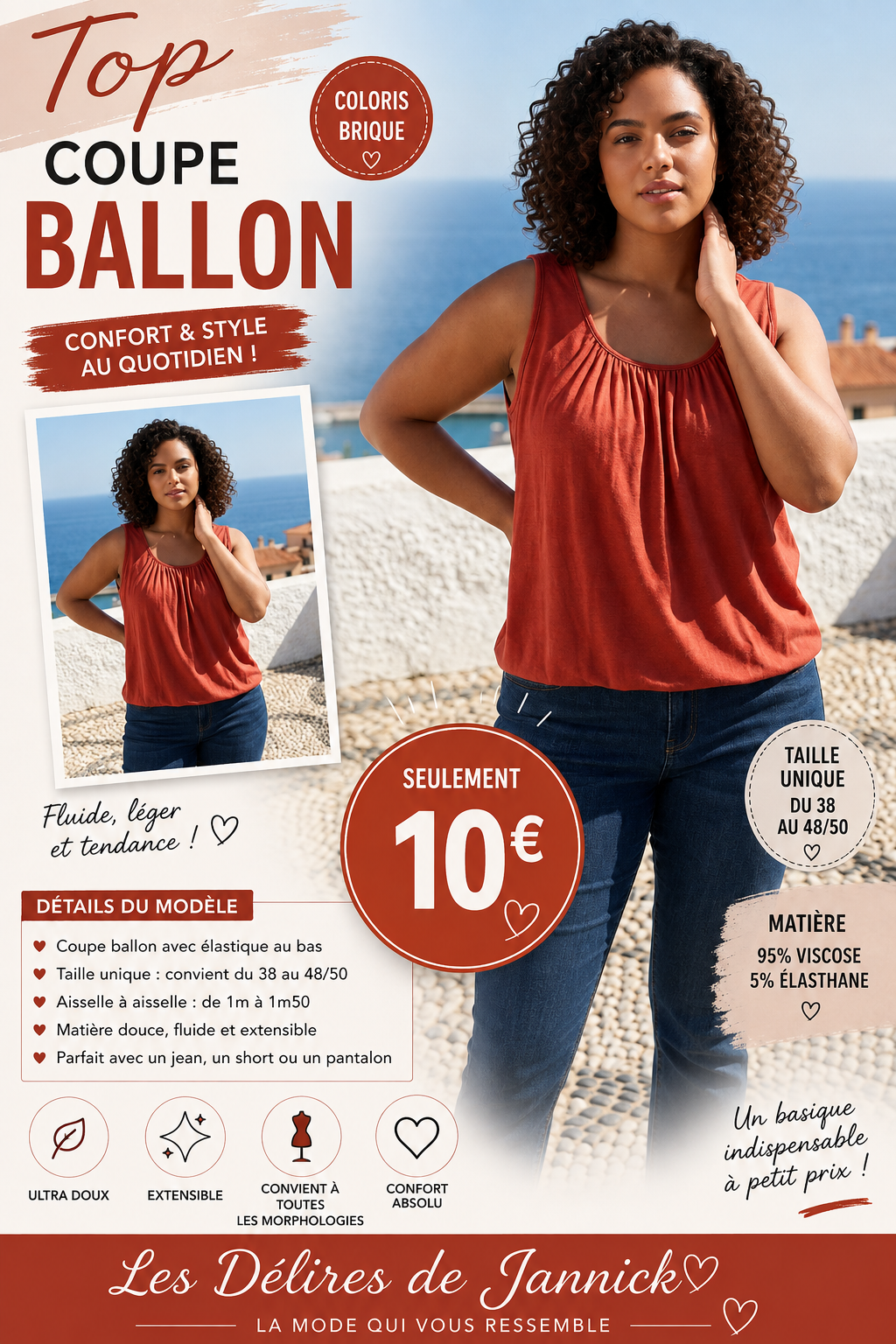 *5 ✨ Top brique  coupe ballon – Élégance et confort au quotidien ✨