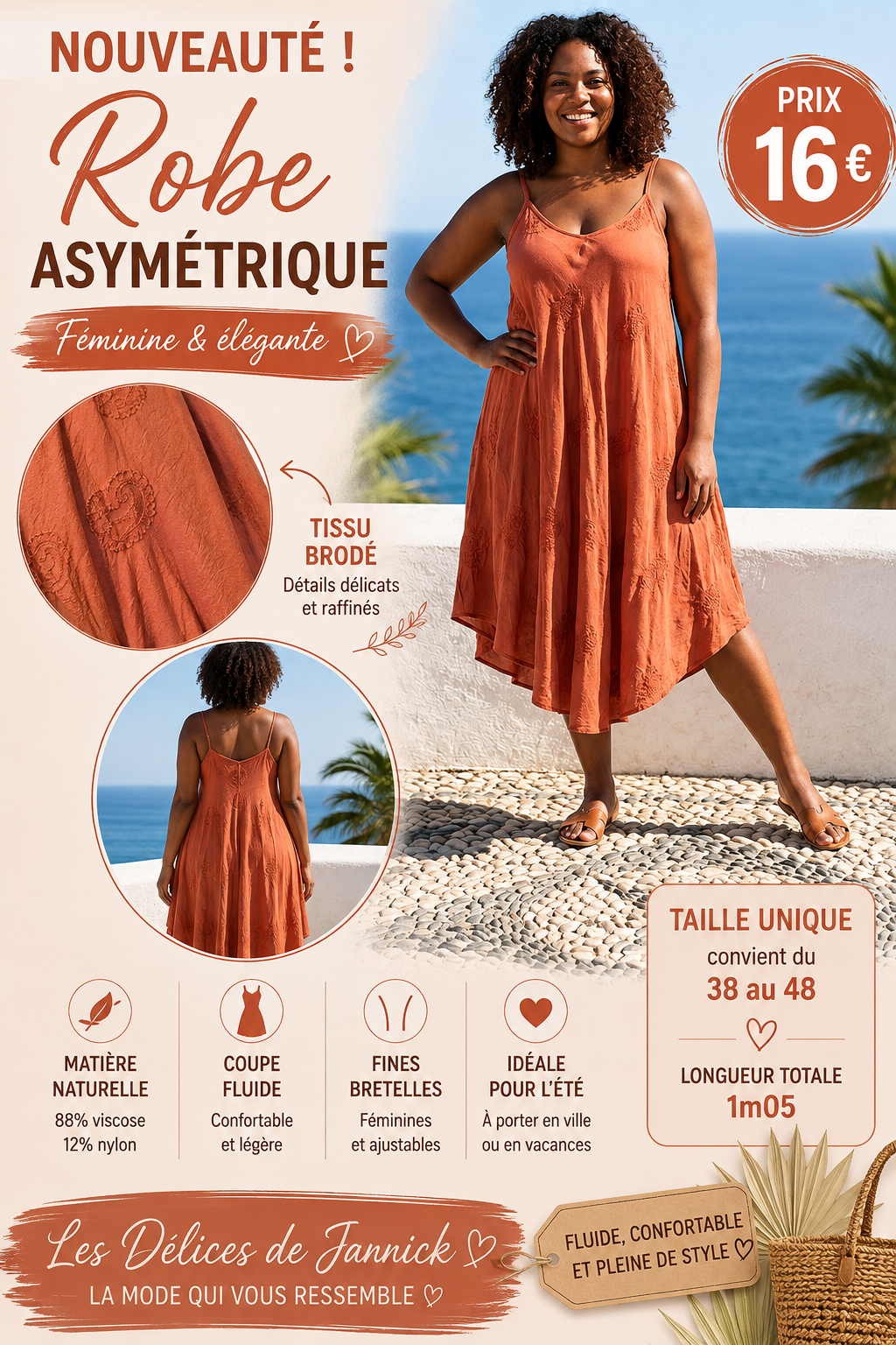 *13 ✨ Robe asymétrique à fines bretelles – Coloris brique