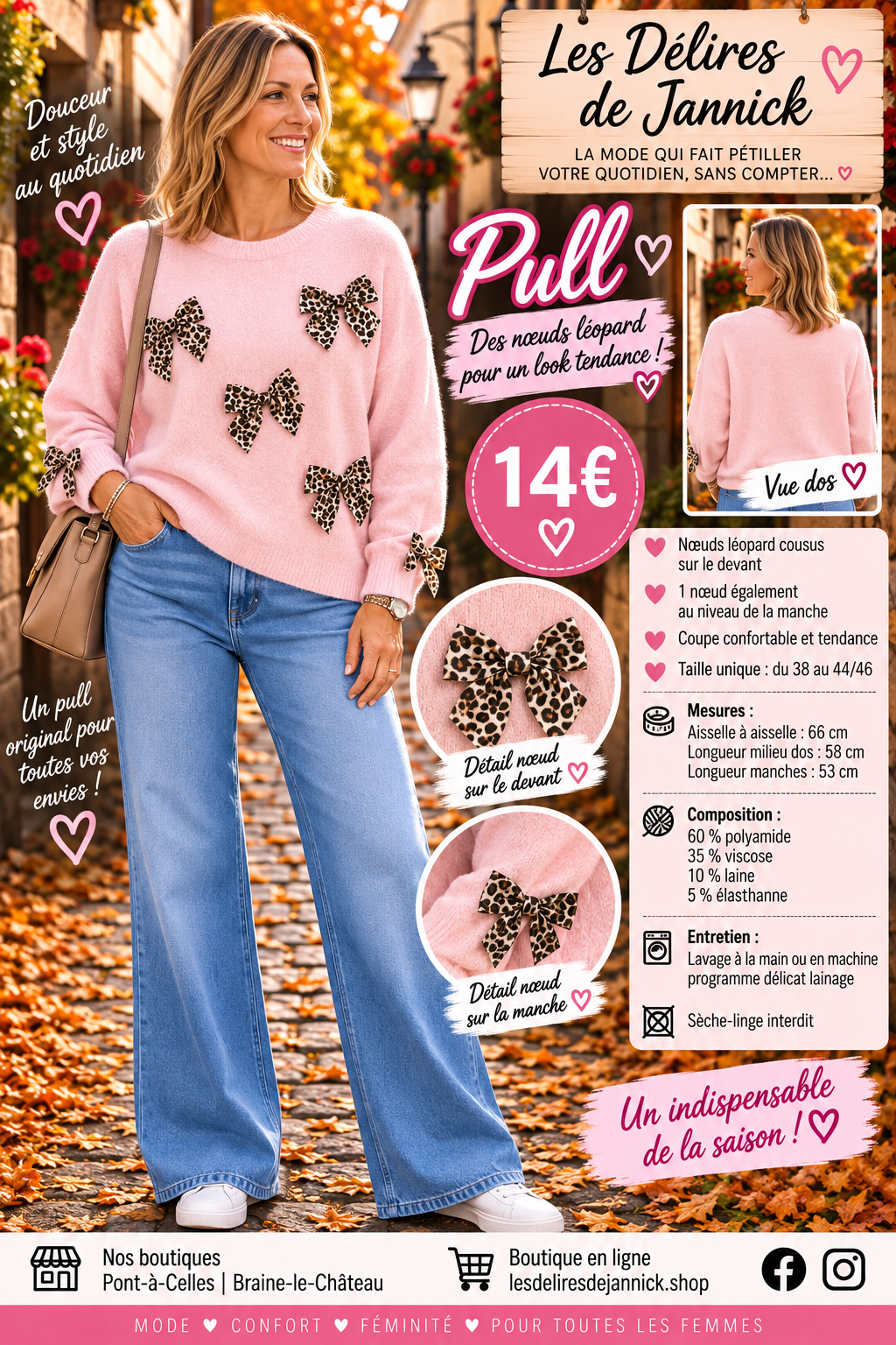 *120 🩵 PULL ROSE AUX NŒUDS LÉOPARD – DOUCEUR &amp; ORIGINALITÉ 🐆